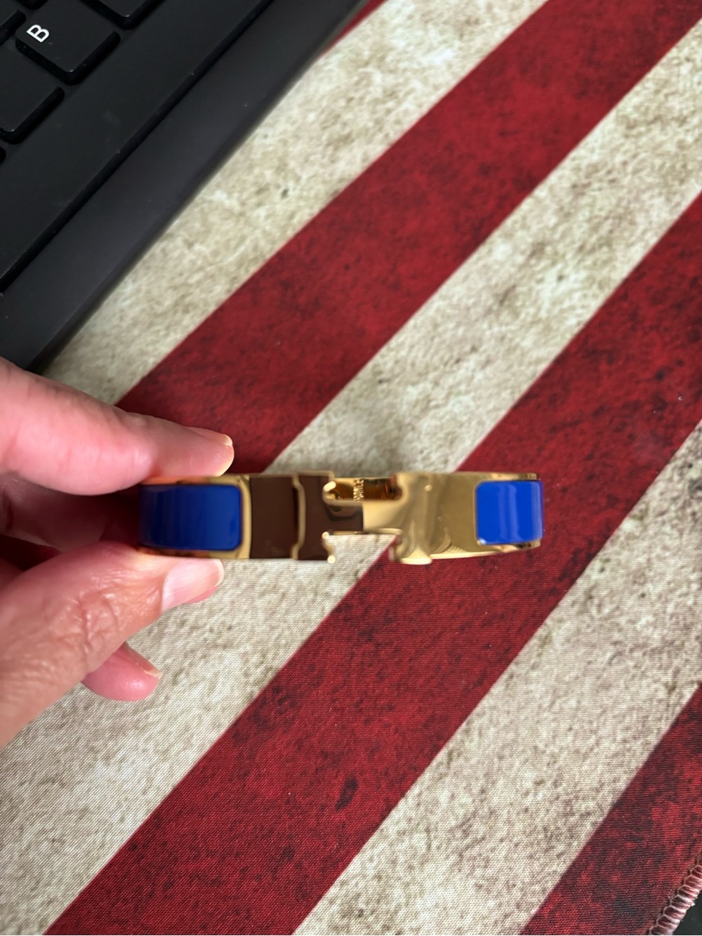 Gold Tone Bangle Bracelet with Cobalt Blue Enamel Inlay